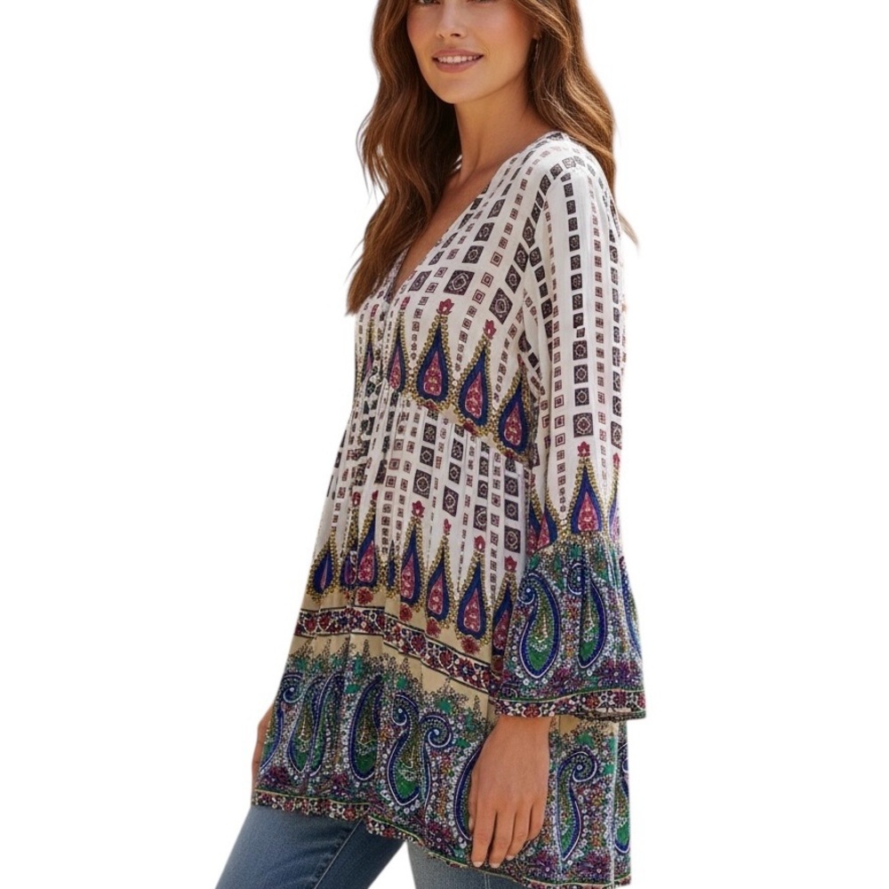 Umgee Bohemian Paisley Border Print Button-up Tunic w/ Bell Sleeves - 1X